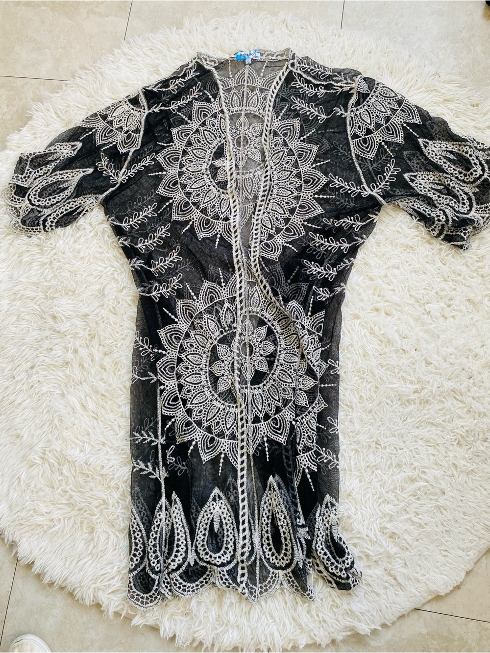 Rebellion Again Sheer Embroidered Kimono Duster Swim Cover Up S